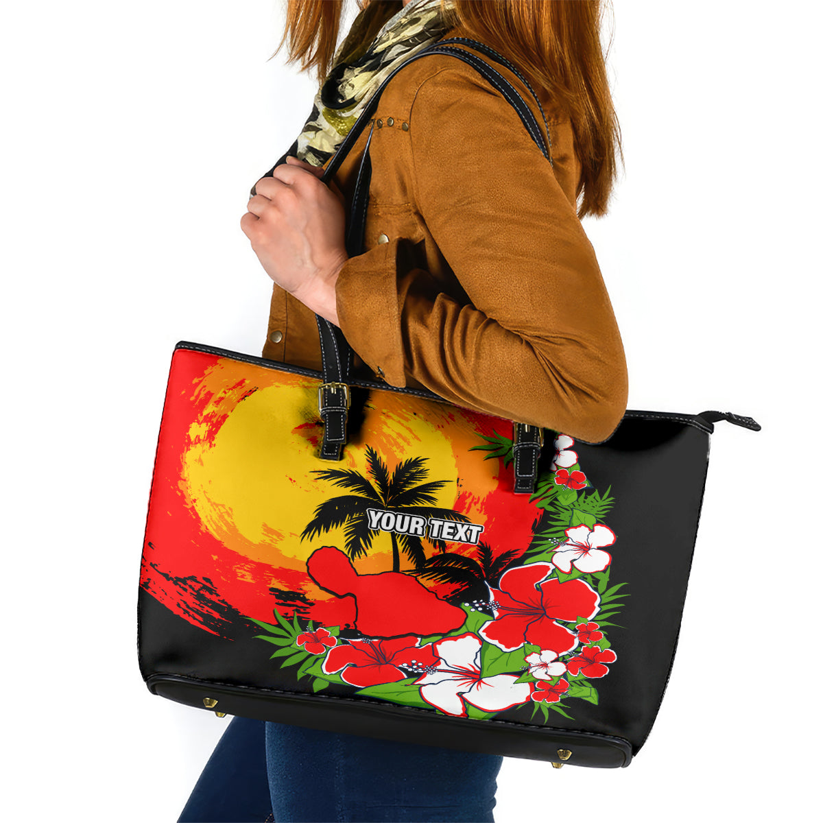 Custom Hawaii Maui Island Leather Tote Bag Maui Map With Tropical Forest Sunset Vibe LT03 Black - Polynesian Pride