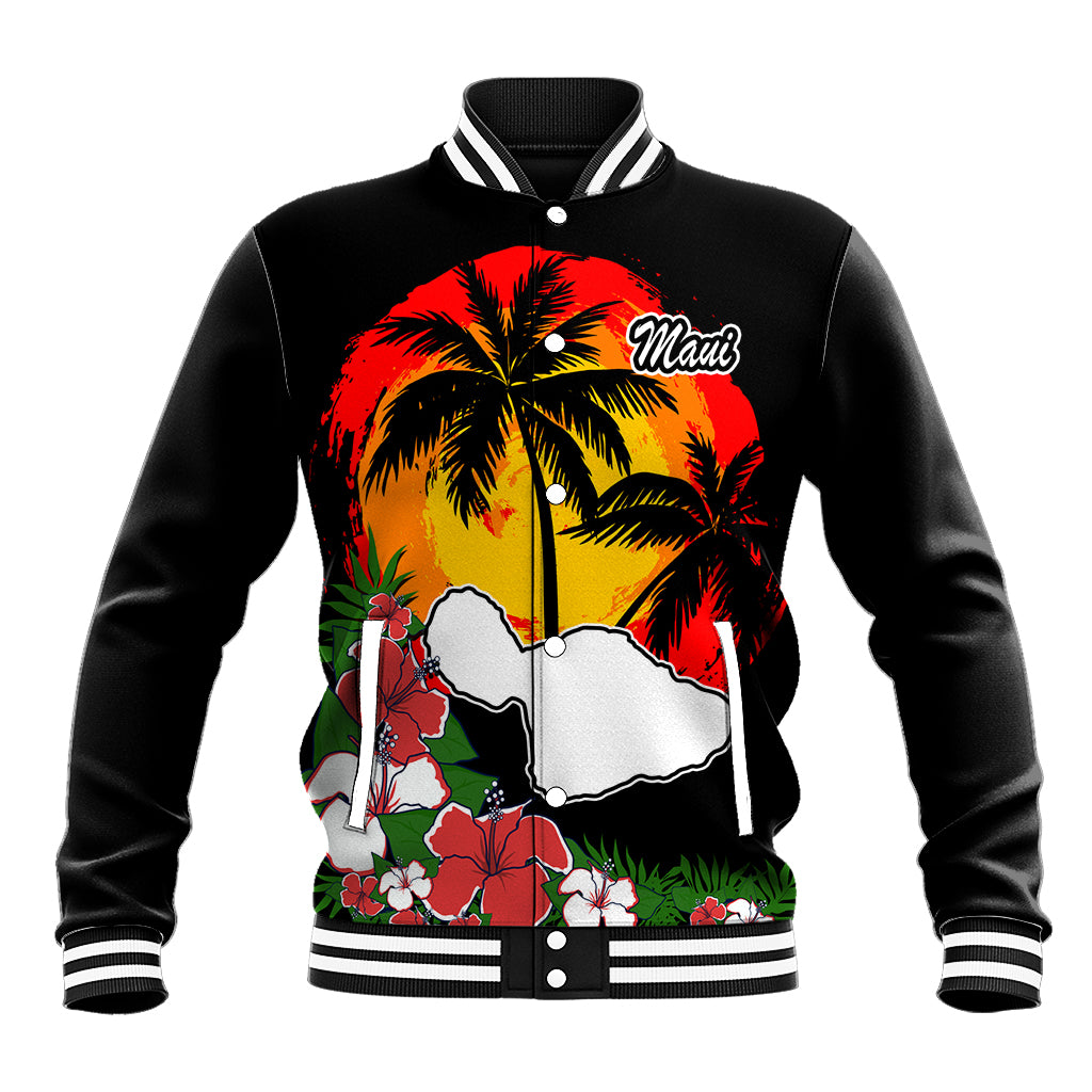 Hawaii Maui Island Baseball Jacket Maui Map With Tropical Forest Vintage Style LT03 Unisex Black - Polynesian Pride