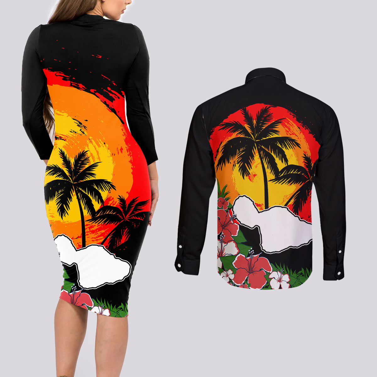 Hawaii Maui Island Couples Matching Long Sleeve Bodycon Dress and Long Sleeve Button Shirts Maui Map With Tropical Forest Vintage Style LT03 - Polynesian Pride
