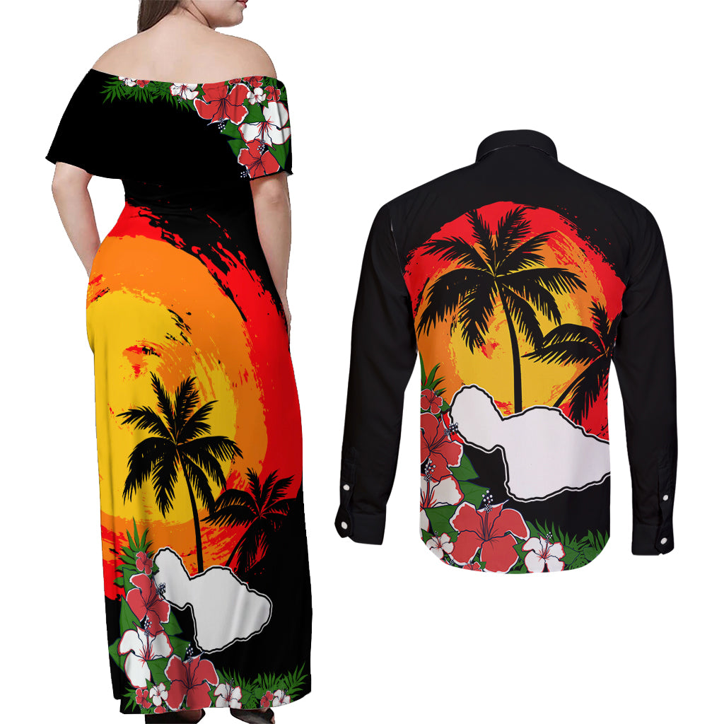 Hawaii Maui Island Couples Matching Off Shoulder Maxi Dress and Long Sleeve Button Shirts Maui Map With Tropical Forest Vintage Style LT03 - Polynesian Pride