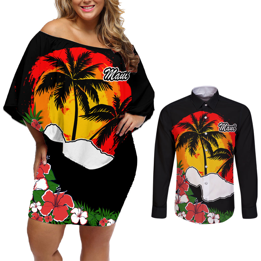 Hawaii Maui Island Couples Matching Off Shoulder Short Dress and Long Sleeve Button Shirts Maui Map With Tropical Forest Vintage Style LT03 Black - Polynesian Pride