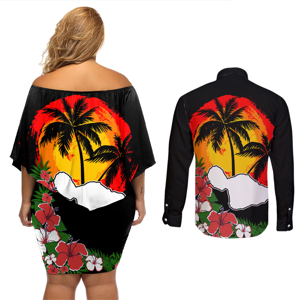 Hawaii Maui Island Couples Matching Off Shoulder Short Dress and Long Sleeve Button Shirts Maui Map With Tropical Forest Vintage Style LT03 - Polynesian Pride