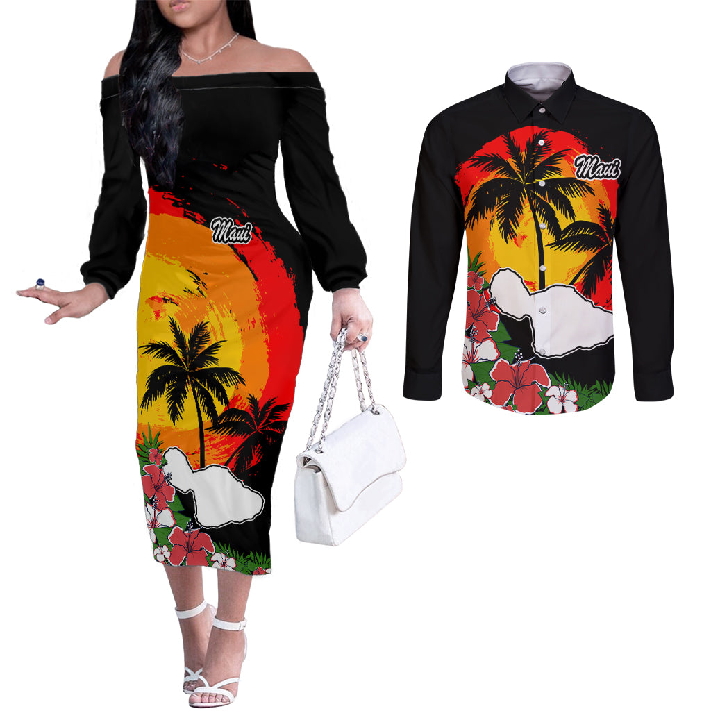 Hawaii Maui Island Couples Matching Off The Shoulder Long Sleeve Dress and Long Sleeve Button Shirts Maui Map With Tropical Forest Vintage Style LT03 Black - Polynesian Pride