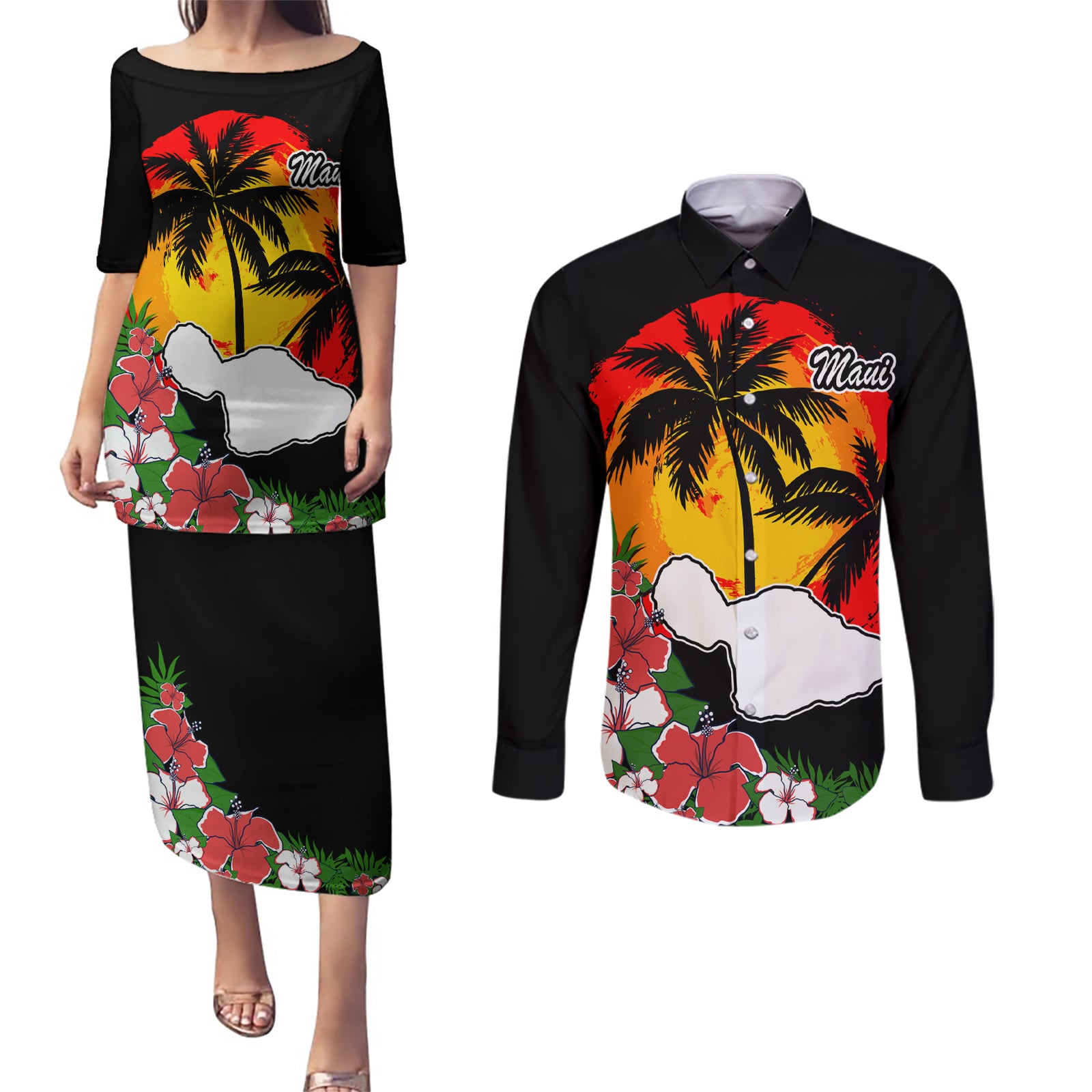 Hawaii Maui Island Couples Matching Puletasi Dress and Long Sleeve Button Shirts Maui Map With Tropical Forest Vintage Style LT03 Black - Polynesian Pride
