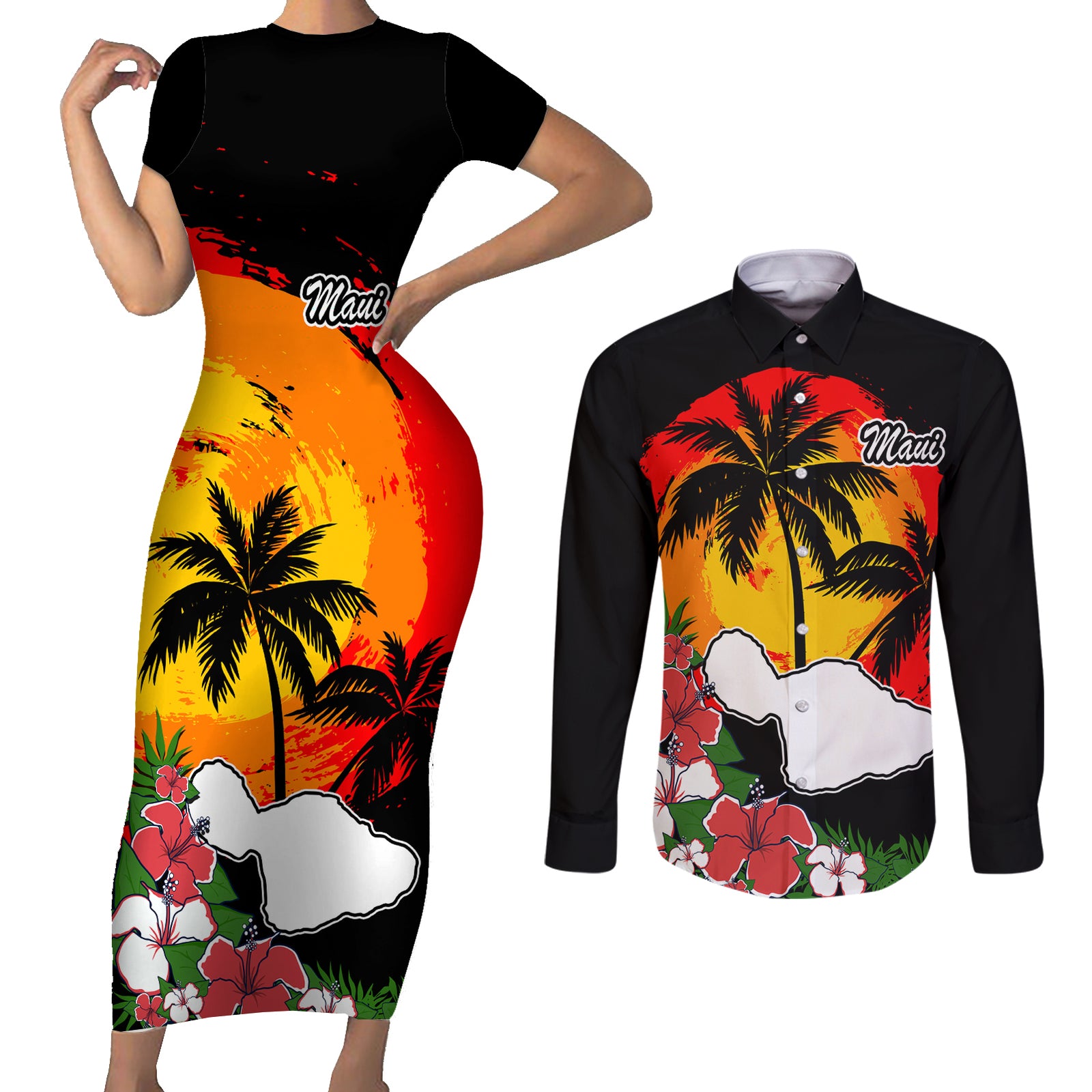 Hawaii Maui Island Couples Matching Short Sleeve Bodycon Dress and Long Sleeve Button Shirts Maui Map With Tropical Forest Vintage Style LT03 Black - Polynesian Pride