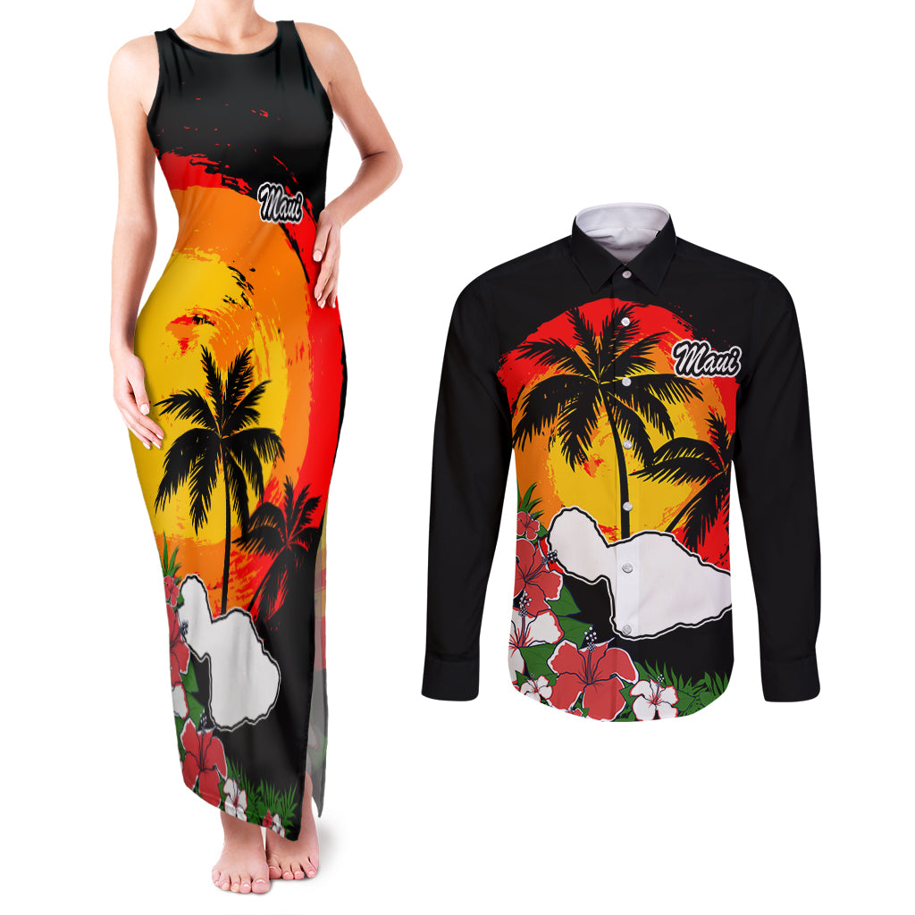 Hawaii Maui Island Couples Matching Tank Maxi Dress and Long Sleeve Button Shirts Maui Map With Tropical Forest Vintage Style LT03 Black - Polynesian Pride