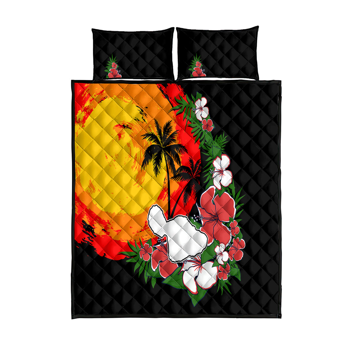 Hawaii Maui Island Quilt Bed Set Maui Map With Tropical Forest Vintage Style LT03 Black - Polynesian Pride