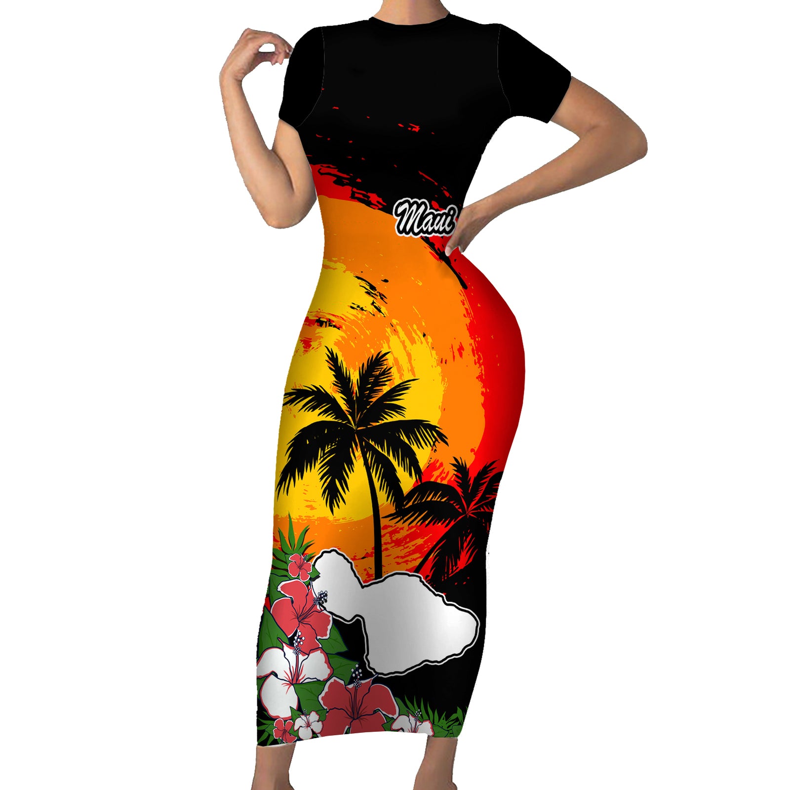 Hawaii Maui Island Short Sleeve Bodycon Dress Maui Map With Tropical Forest Vintage Style LT03 Long Dress Black - Polynesian Pride