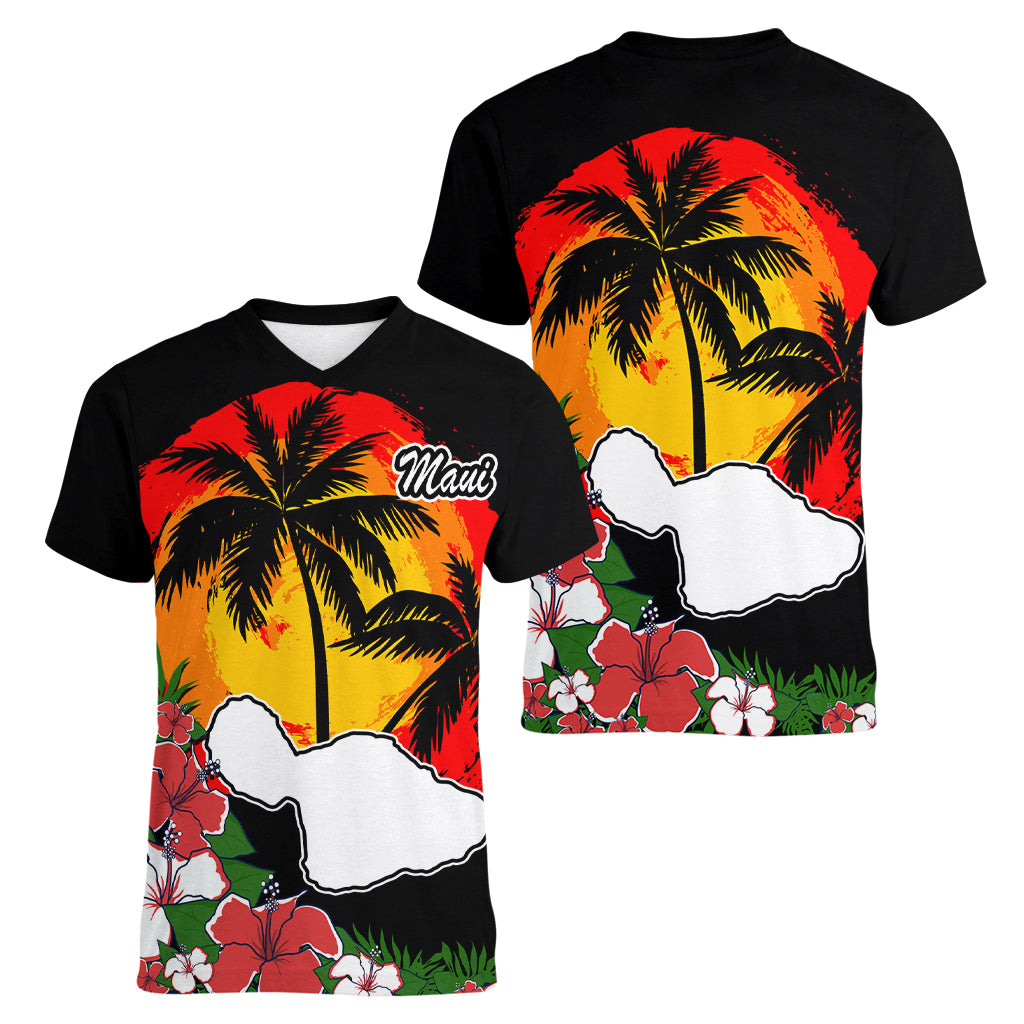 Hawaii Maui Island Women V Neck T Shirt Maui Map With Tropical Forest Vintage Style LT03 - Polynesian Pride