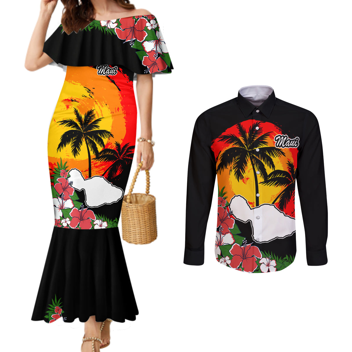 Custom Hawaii Maui Island Couples Matching Mermaid Dress and Long Sleeve Button Shirts Maui Map With Tropical Forest Vintage Style LT03 Black - Polynesian Pride