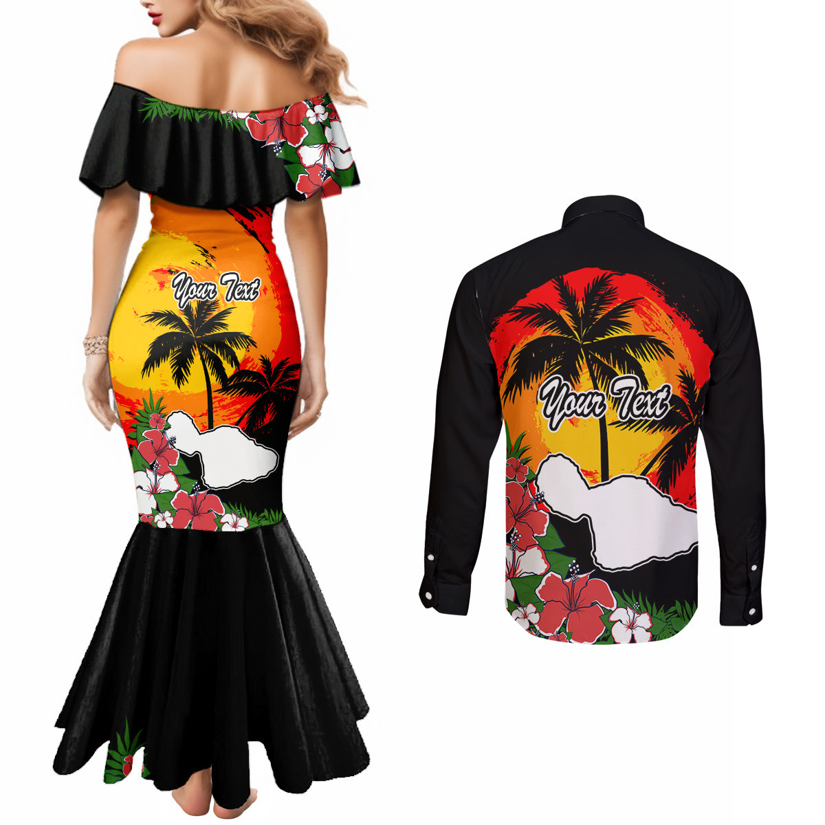 Custom Hawaii Maui Island Couples Matching Mermaid Dress and Long Sleeve Button Shirts Maui Map With Tropical Forest Vintage Style LT03 - Polynesian Pride