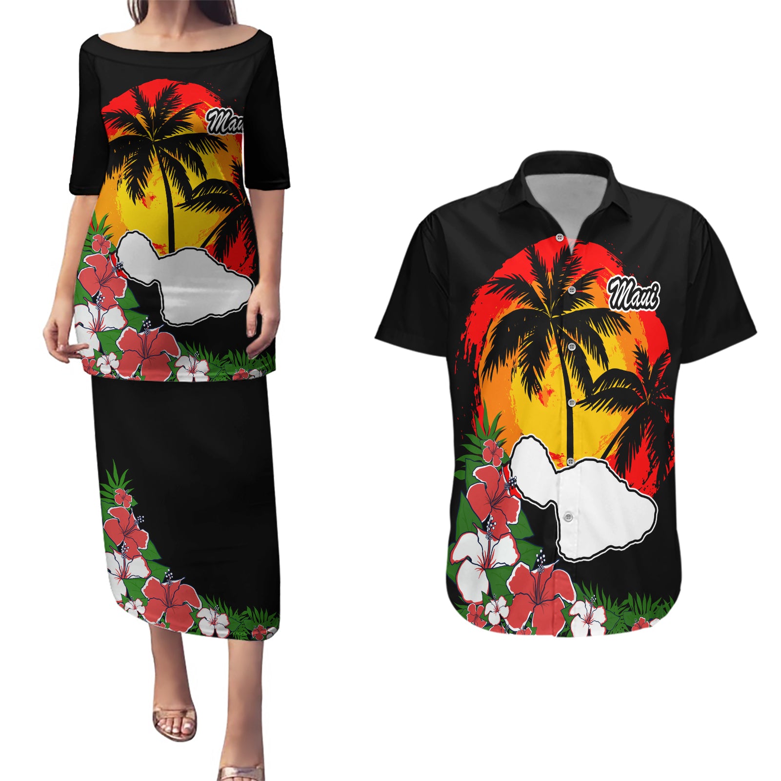 Custom Hawaii Maui Island Couples Matching Puletasi Dress and Hawaiian Shirt Maui Map With Tropical Forest Vintage Style LT03 Black - Polynesian Pride
