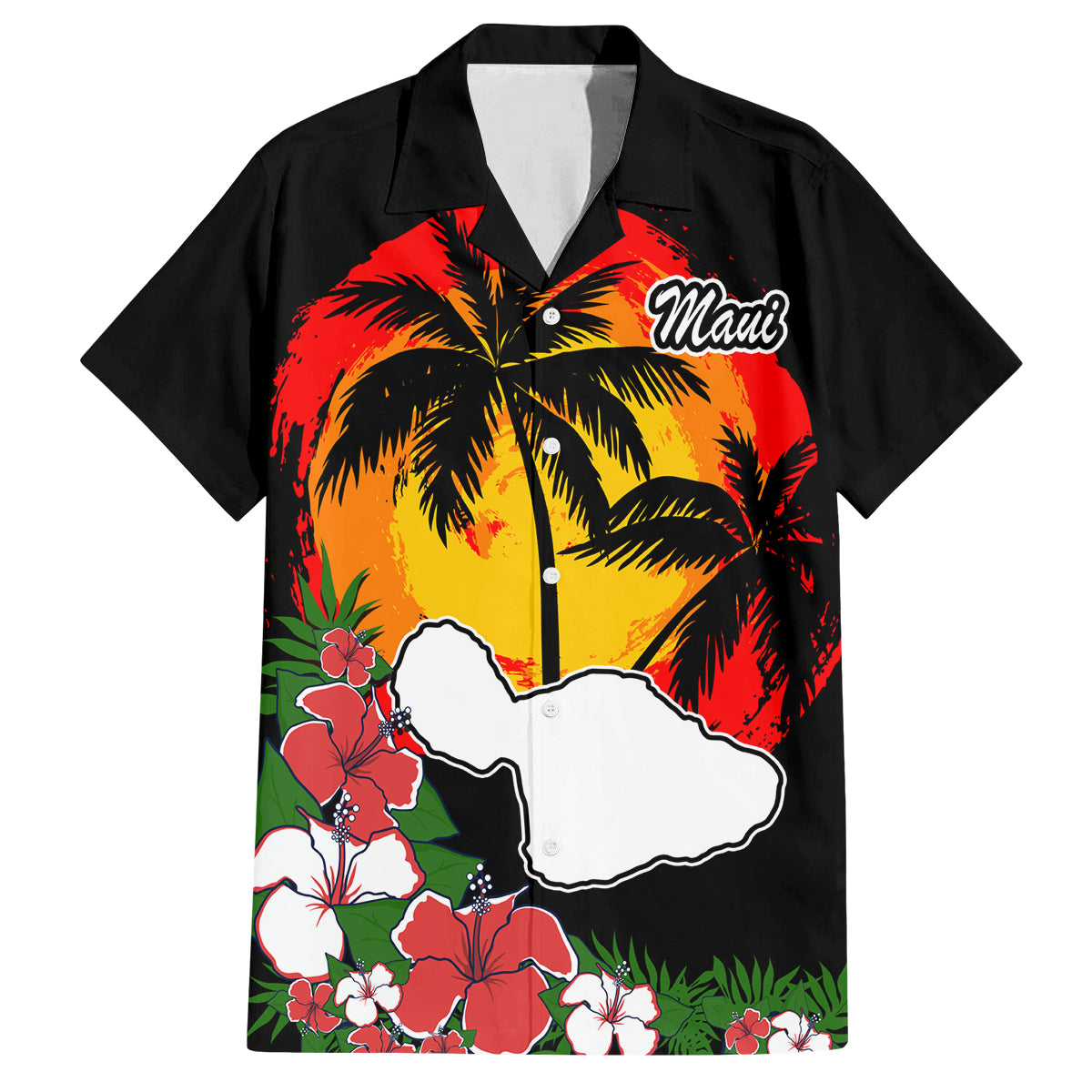 Custom Hawaii Maui Island Family Matching Off Shoulder Maxi Dress and Hawaiian Shirt Maui Map With Tropical Forest Vintage Style LT03 Dad's Shirt - Short Sleeve Black - Polynesian Pride