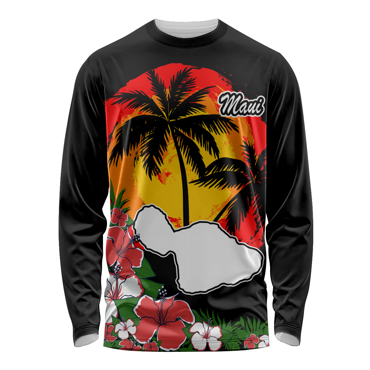 Custom Hawaii Maui Island Long Sleeve Shirt Maui Map With Tropical Forest Vintage Style LT03 Unisex Black - Polynesian Pride