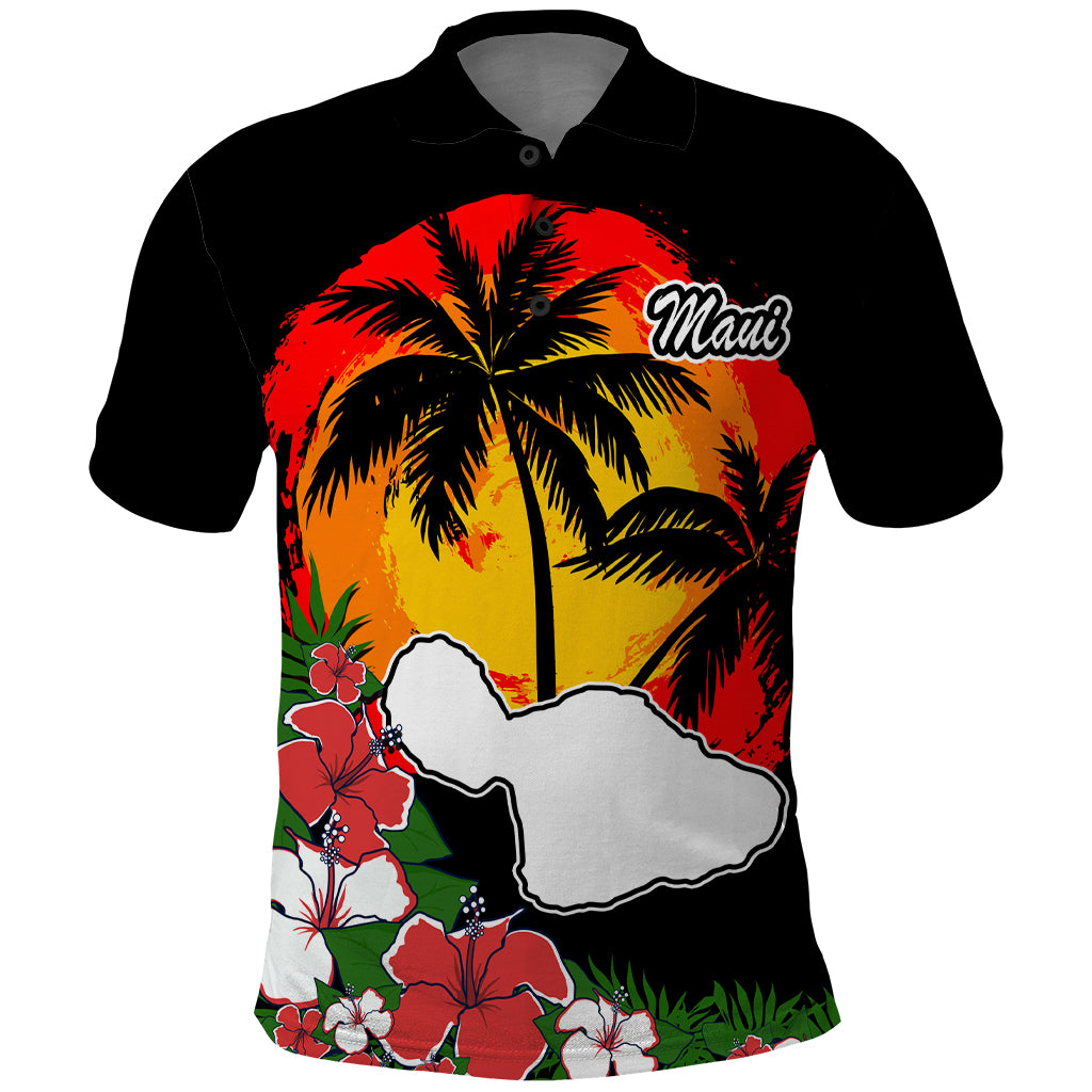 Custom Hawaii Maui Island Polo Shirt Maui Map With Tropical Forest Vintage Style LT03 Black - Polynesian Pride