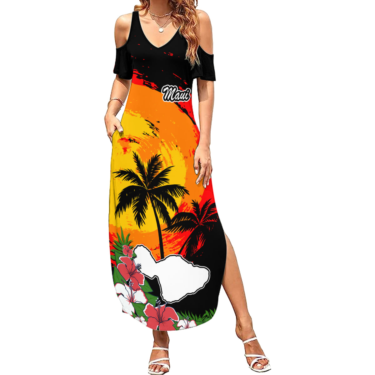 Custom Hawaii Maui Island Summer Maxi Dress Maui Map With Tropical Forest Vintage Style LT03 Women Black - Polynesian Pride