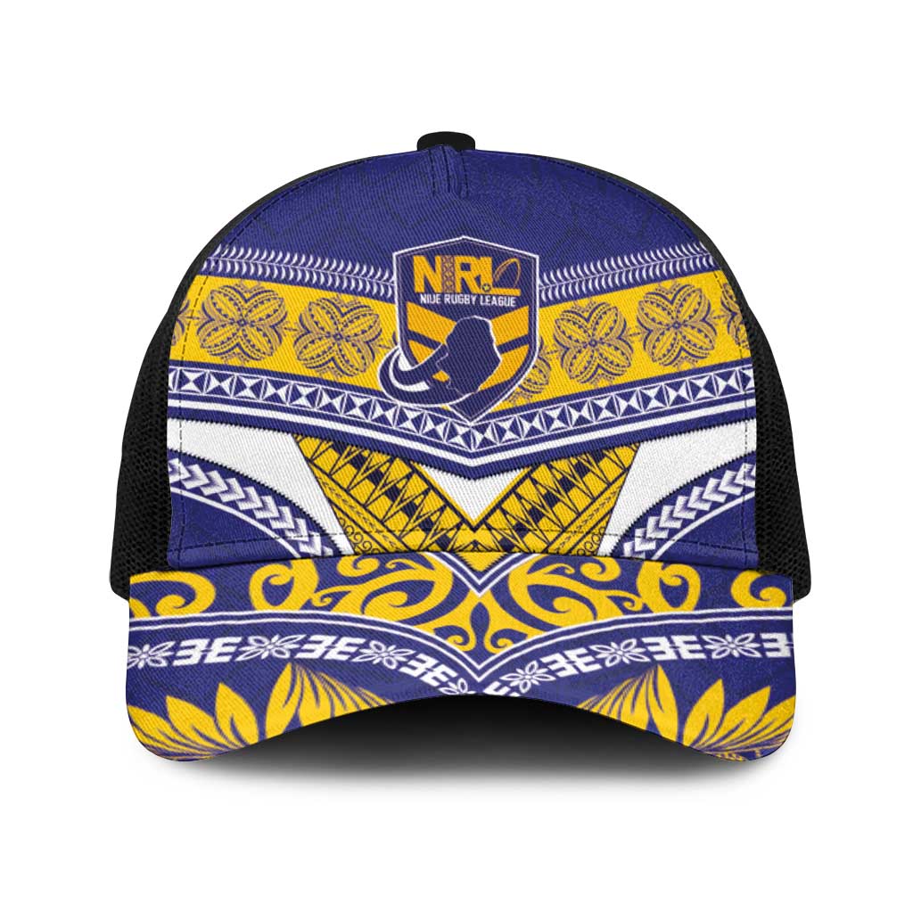 Niue Rugby Baseball Net Cap Hiapo Tribal Heritage Tattoos Blue Color - Polynesian Pride