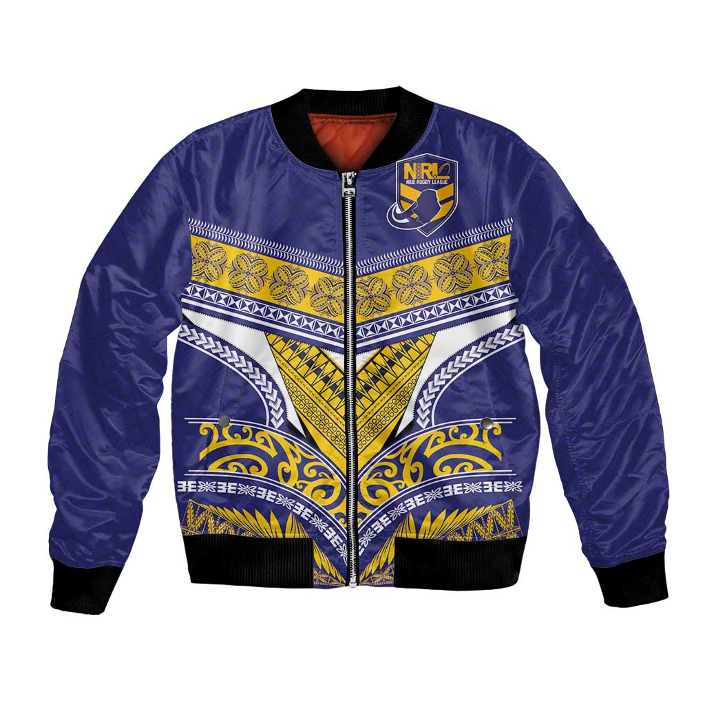 Custom Rugby Niue Bomber Jacket Hiapo Tribal Heritage Tattoos Blue Color - Polynesian Pride