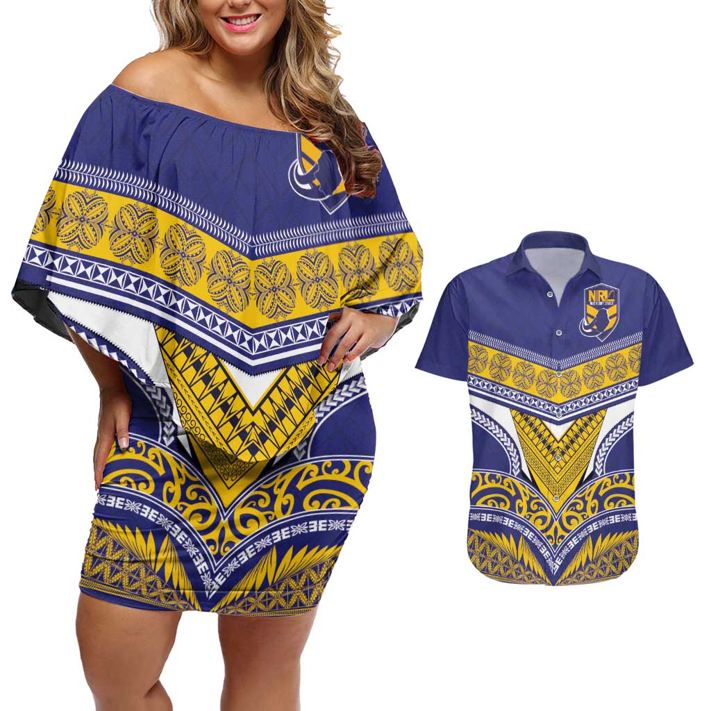 Custom Rugby Niue Couples Matching Off Shoulder Short Dress and Hawaiian Shirt Hiapo Tribal Heritage Tattoos Blue Color - Polynesian Pride