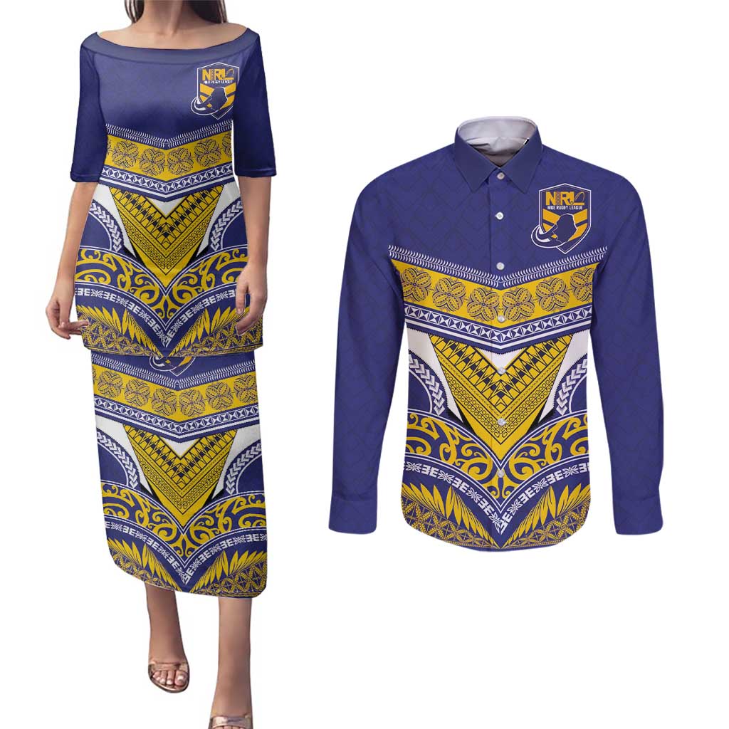 Custom Rugby Niue Couples Matching Puletasi and Long Sleeve Button Shirt Hiapo Tribal Heritage Tattoos Blue Color - Polynesian Pride