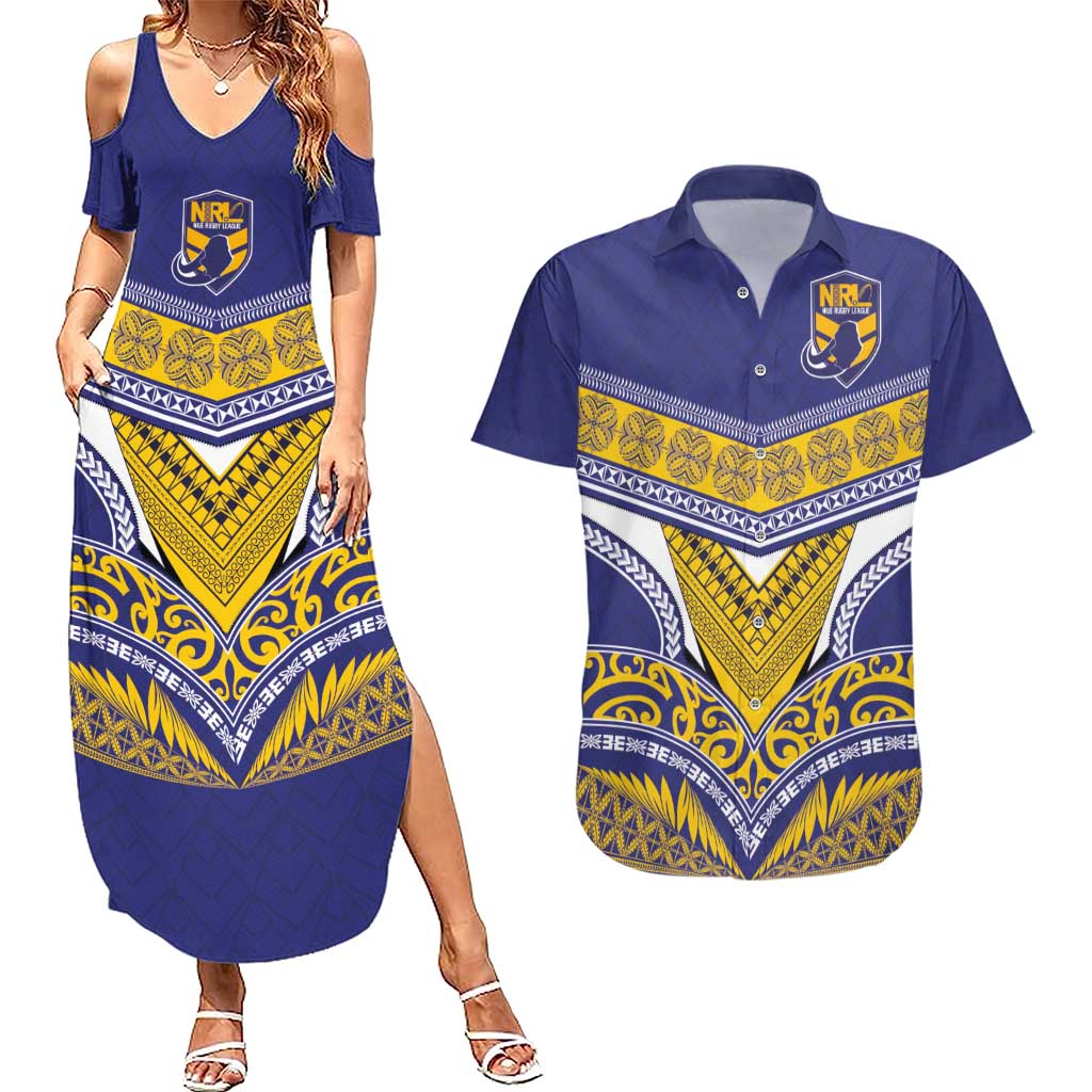 Custom Rugby Niue Couples Matching Summer Maxi Dress and Hawaiian Shirt Hiapo Tribal Heritage Tattoos Blue Color - Polynesian Pride