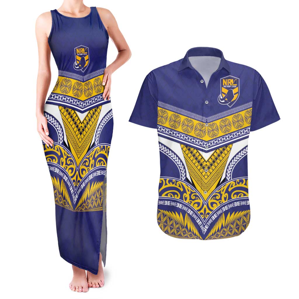 Custom Rugby Niue Couples Matching Tank Maxi Dress and Hawaiian Shirt Hiapo Tribal Heritage Tattoos Blue Color - Polynesian Pride