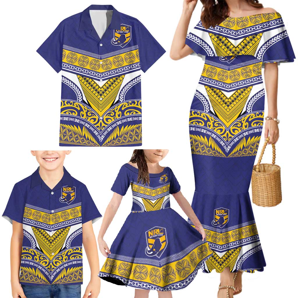 Custom Rugby Niue Family Matching Mermaid Dress and Hawaiian Shirt Hiapo Tribal Heritage Tattoos Blue Color - Polynesian Pride