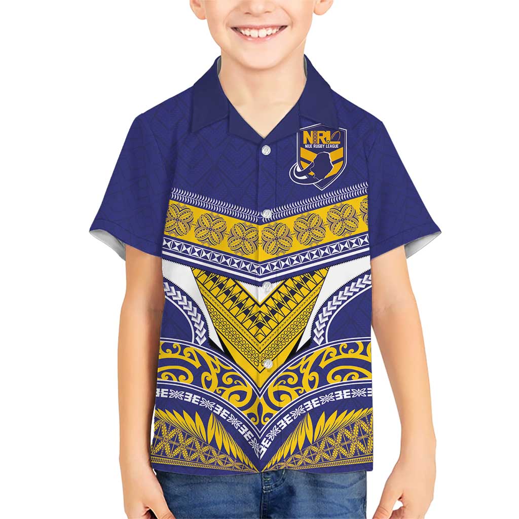 Custom Rugby Niue Kid Hawaiian Shirt Hiapo Tribal Heritage Tattoos Blue Color - Polynesian Pride