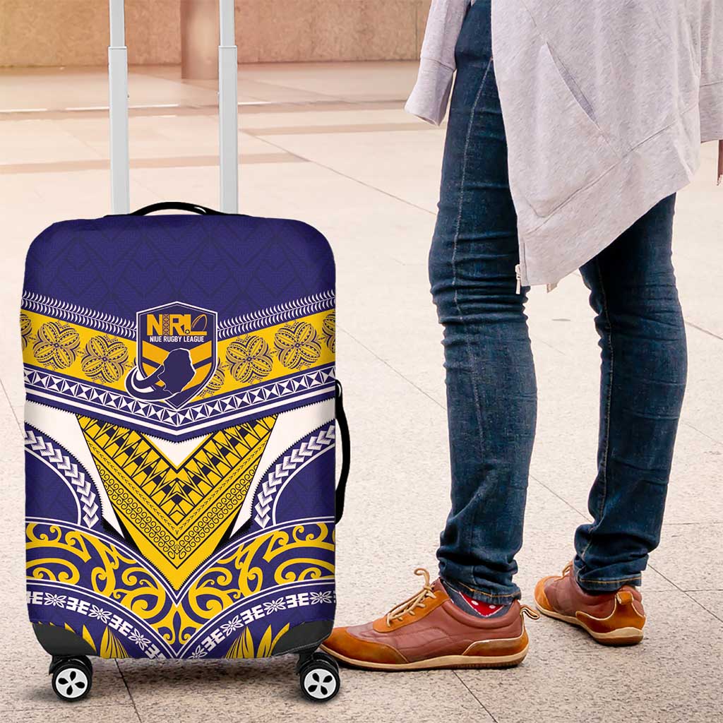 Rugby Niue Luggage Cover Hiapo Tribal Heritage Tattoos Blue Color - Polynesian Pride