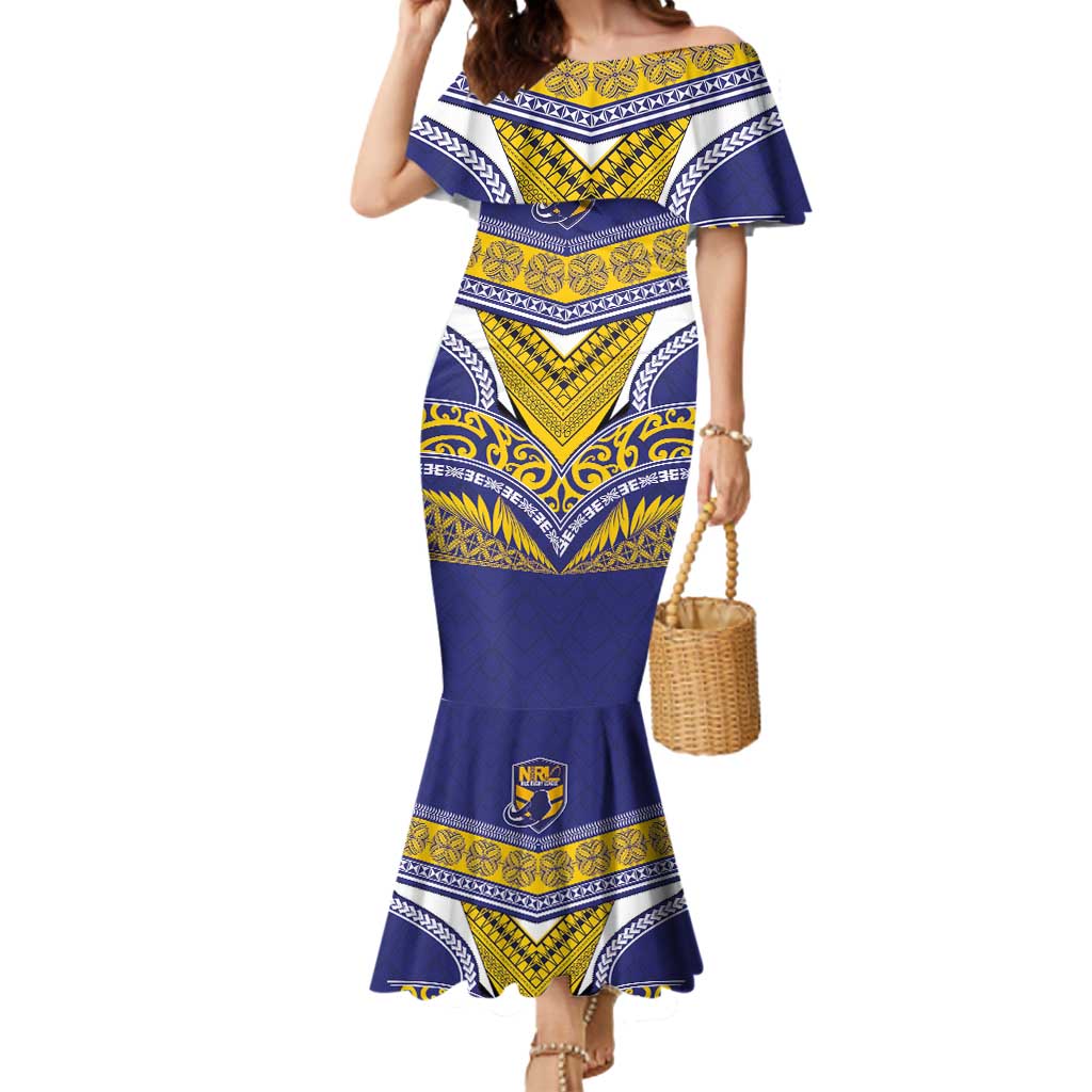Custom Rugby Niue Mermaid Dress Hiapo Tribal Heritage Tattoos Blue Color - Polynesian Pride