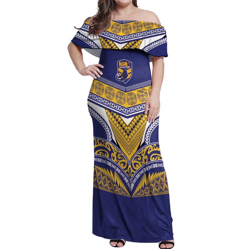 Custom Rugby Niue Off Shoulder Maxi Dress Hiapo Tribal Heritage Tattoos Blue Color - Polynesian Pride