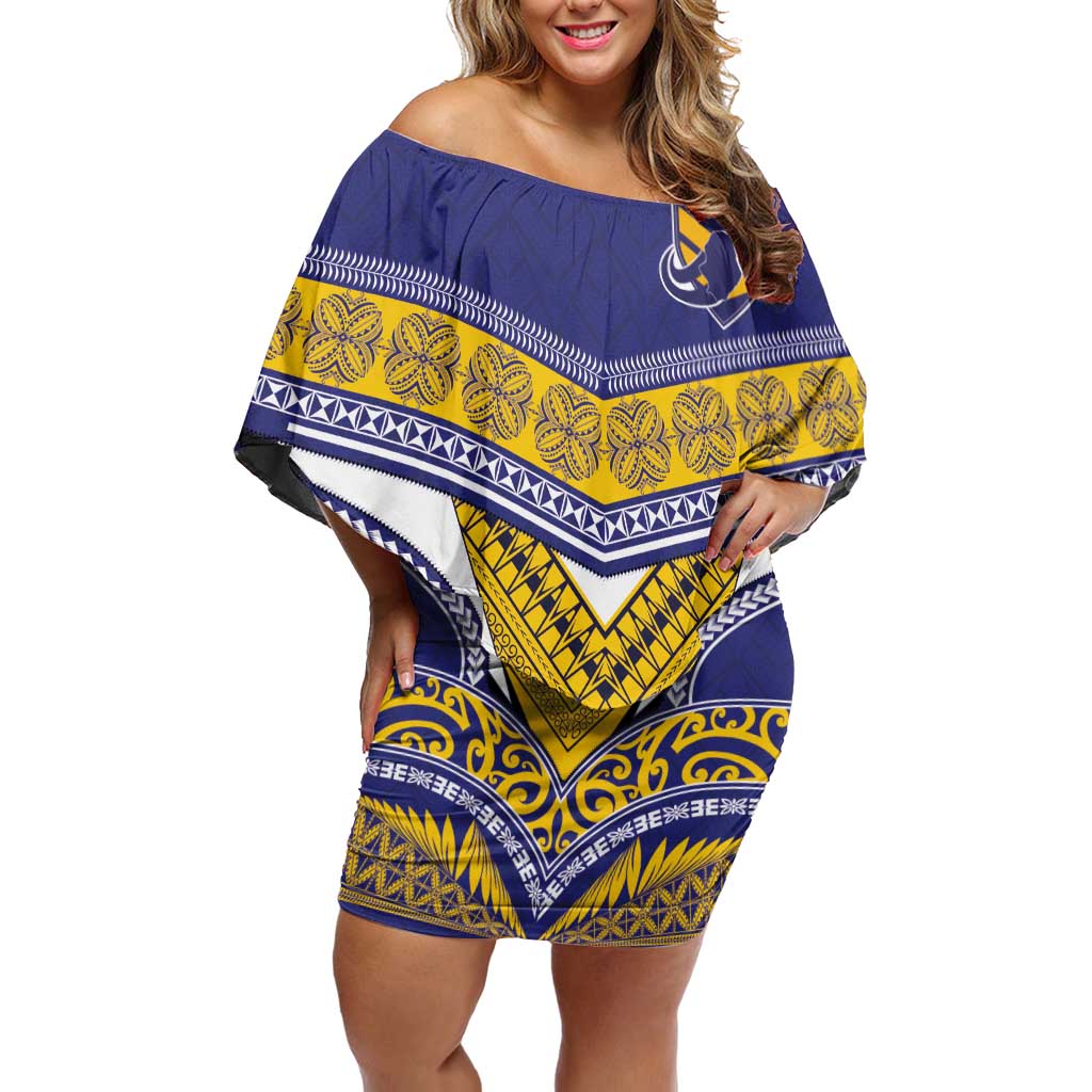 Custom Rugby Niue Off Shoulder Short Dress Hiapo Tribal Heritage Tattoos Blue Color - Polynesian Pride