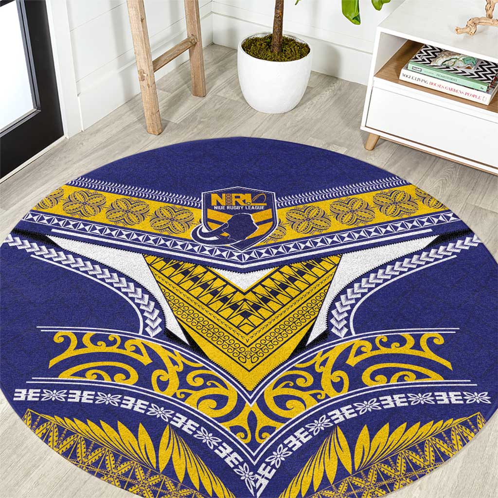 Rugby Niue Round Carpet Hiapo Tribal Heritage Tattoos Blue Color - Polynesian Pride