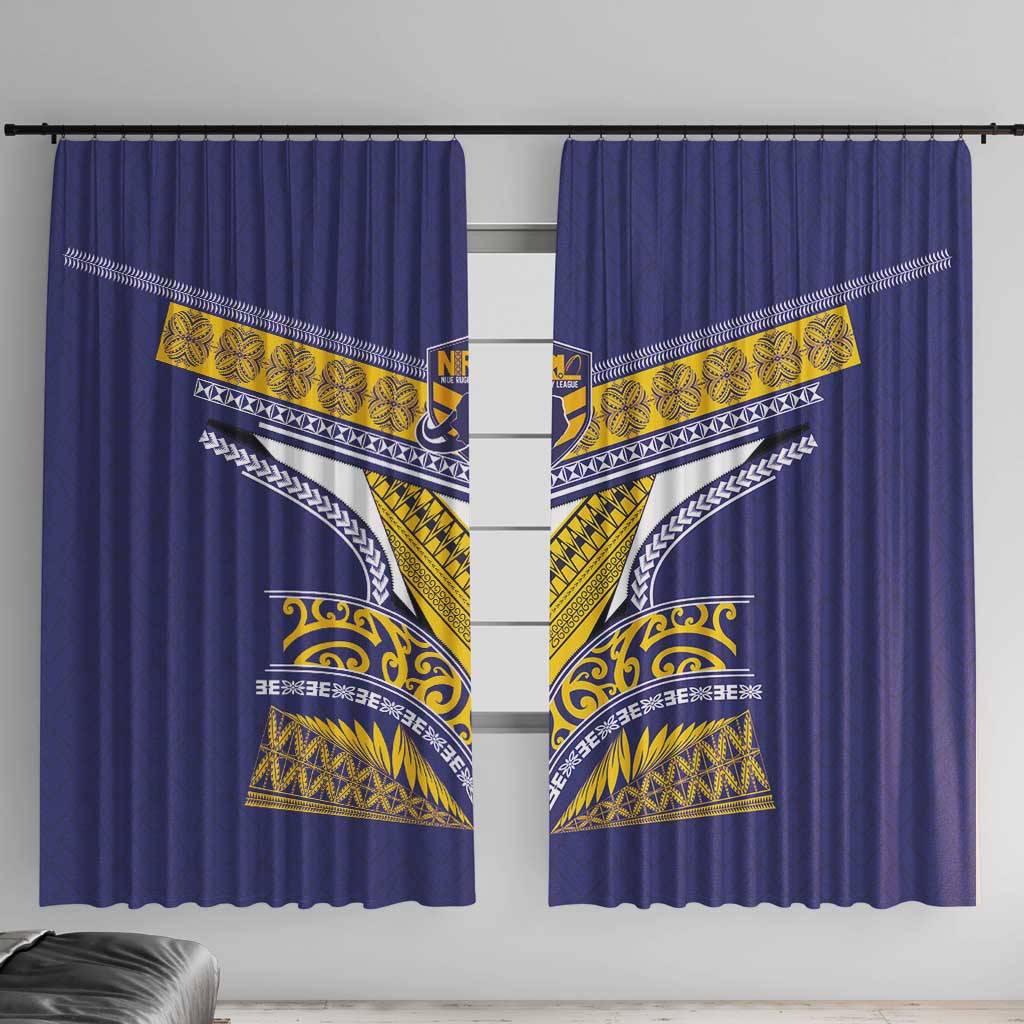 Rugby Niue Window Curtain Hiapo Tribal Heritage Tattoos Blue Color - Polynesian Pride