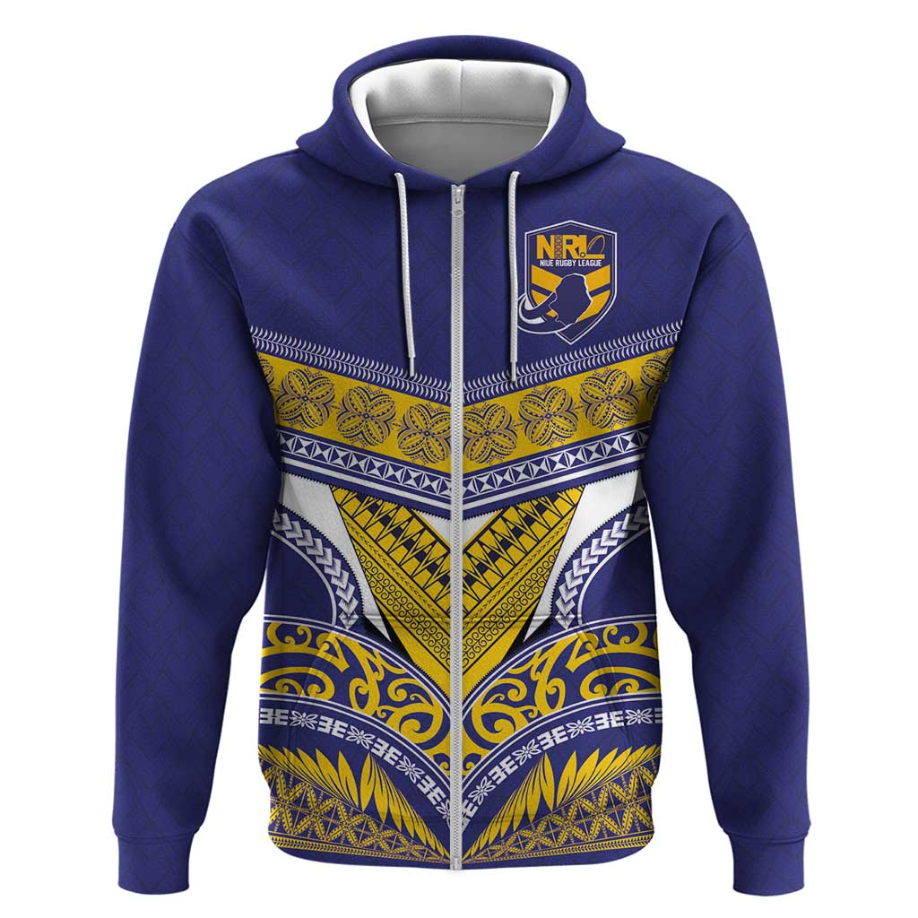 Custom Rugby Niue Zip Hoodie Hiapo Tribal Heritage Tattoos Blue Color - Polynesian Pride