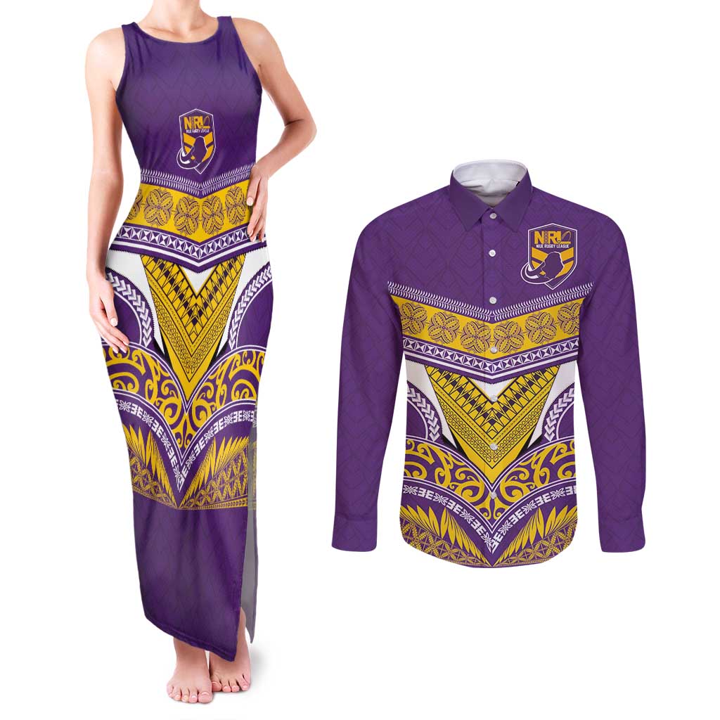 Custom Rugby Niue Couples Matching Tank Maxi Dress and Long Sleeve Button Shirt Hiapo Tribal Heritage Tattoos Purple Color - Polynesian Pride