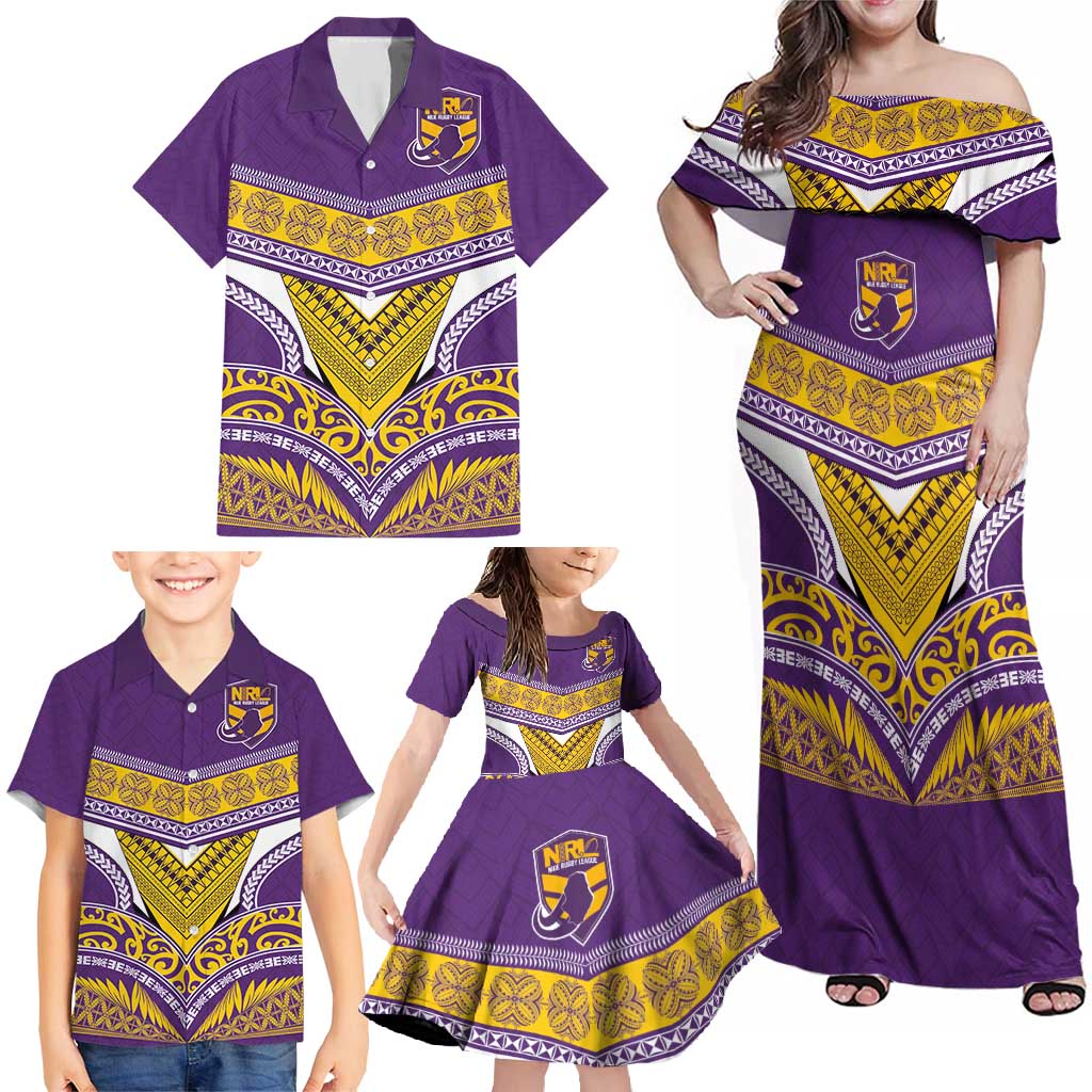 Custom Rugby Niue Family Matching Off Shoulder Maxi Dress and Hawaiian Shirt Hiapo Tribal Heritage Tattoos Purple Color - Polynesian Pride