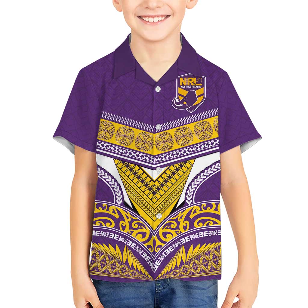Custom Rugby Niue Kid Hawaiian Shirt Hiapo Tribal Heritage Tattoos Purple Color - Polynesian Pride