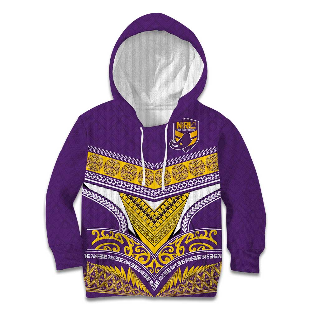 Custom Rugby Niue Kid Hoodie Hiapo Tribal Heritage Tattoos Purple Color - Polynesian Pride