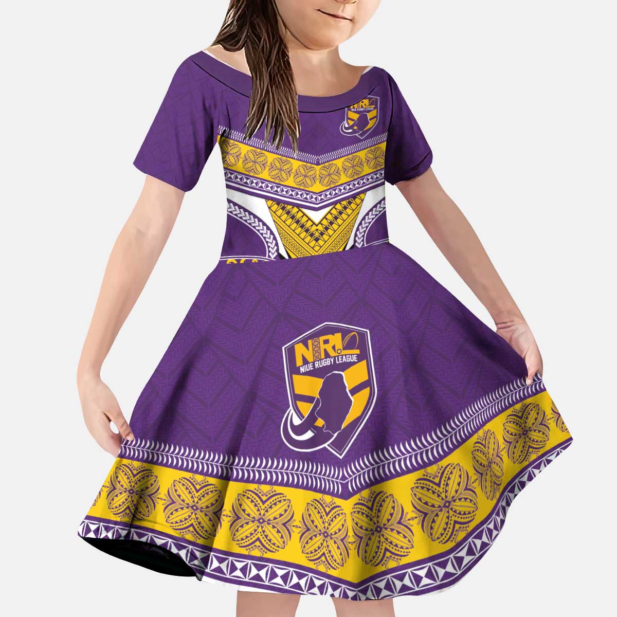 Custom Rugby Niue Kid Short Sleeve Dress Hiapo Tribal Heritage Tattoos Purple Color - Polynesian Pride