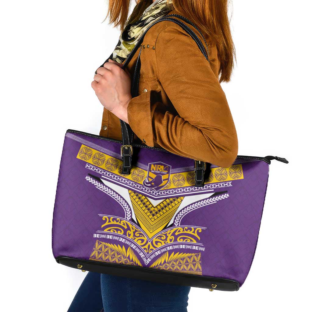 Rugby Niue Leather Tote Bag Hiapo Tribal Heritage Tattoos Purple Color - Polynesian Pride