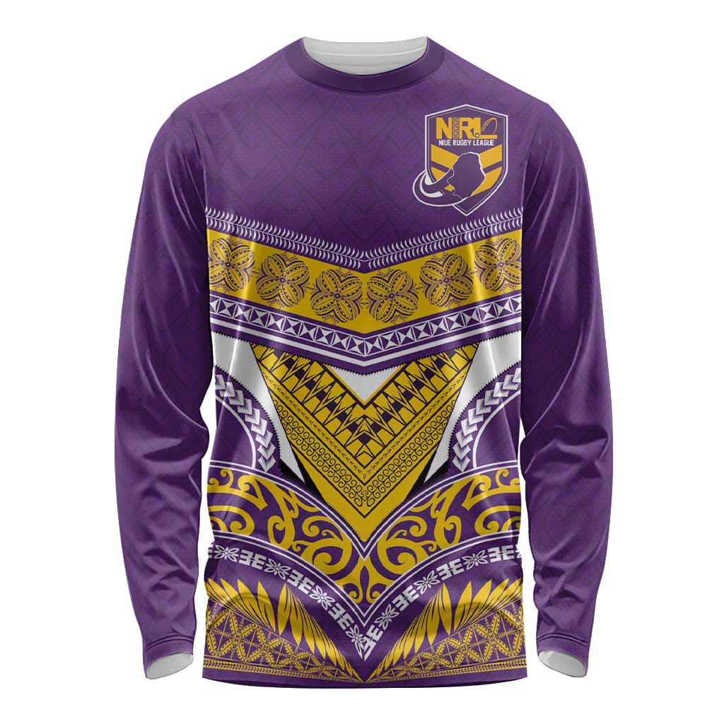 Custom Rugby Niue Long Sleeve Shirt Hiapo Tribal Heritage Tattoos Purple Color - Polynesian Pride