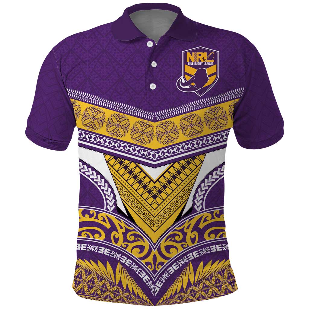 Custom Rugby Niue Polo Shirt Hiapo Tribal Heritage Tattoos Purple Color - Polynesian Pride