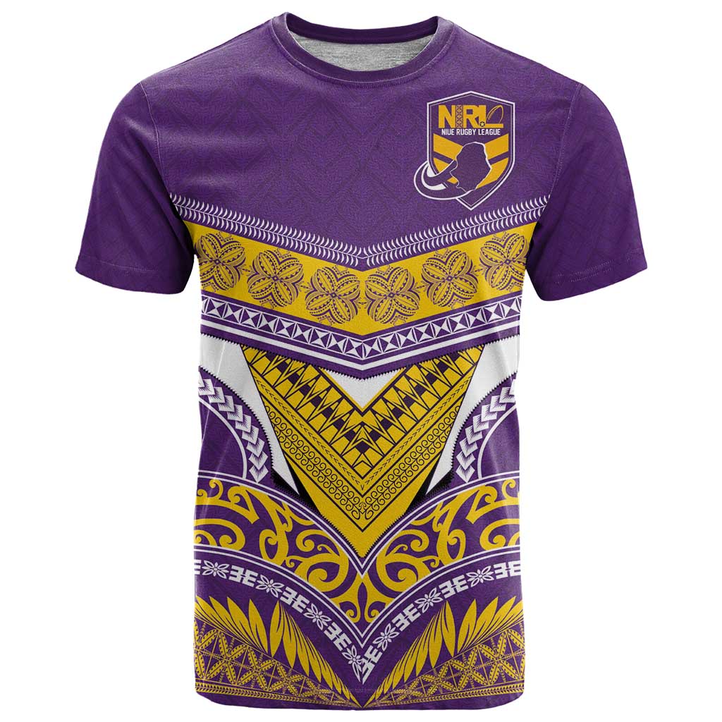 Custom Rugby Niue T Shirt Hiapo Tribal Heritage Tattoos Purple Color - Polynesian Pride