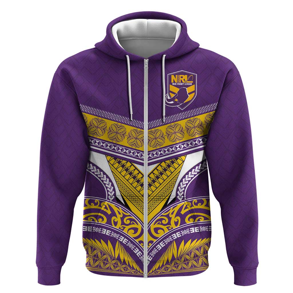Custom Rugby Niue Zip Hoodie Hiapo Tribal Heritage Tattoos Purple Color - Polynesian Pride