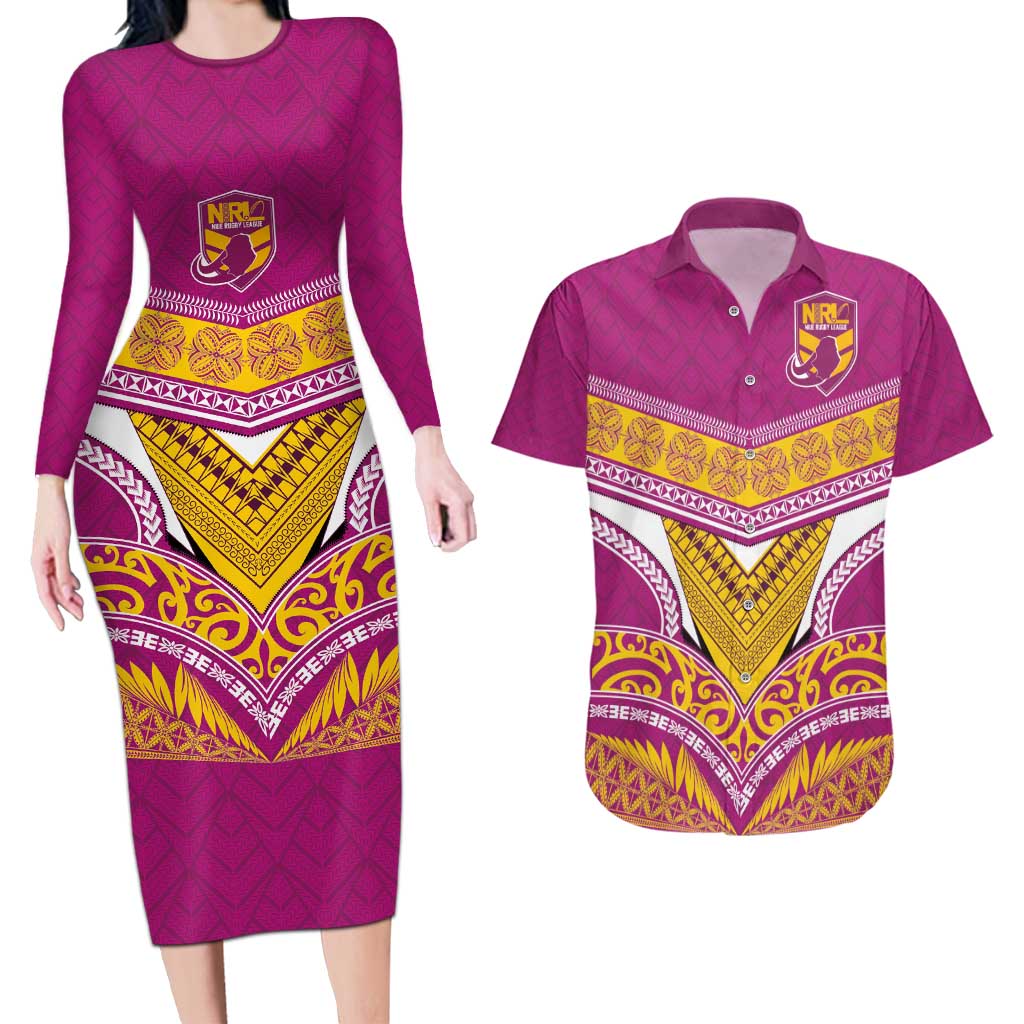 Custom Rugby Niue Couples Matching Long Sleeve Bodycon Dress and Hawaiian Shirt Hiapo Tribal Heritage Tattoos Pink Color - Polynesian Pride