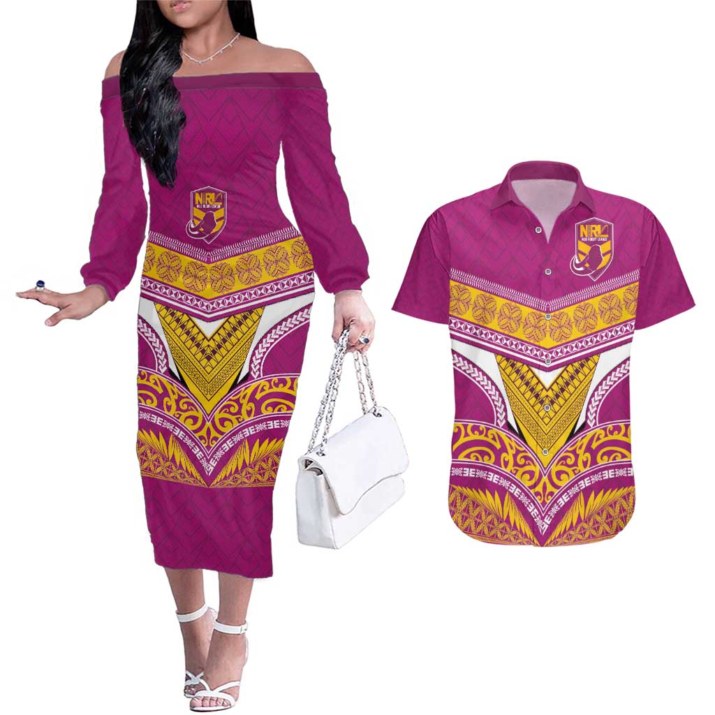 Custom Rugby Niue Couples Matching Off The Shoulder Long Sleeve Dress and Hawaiian Shirt Hiapo Tribal Heritage Tattoos Pink Color - Polynesian Pride