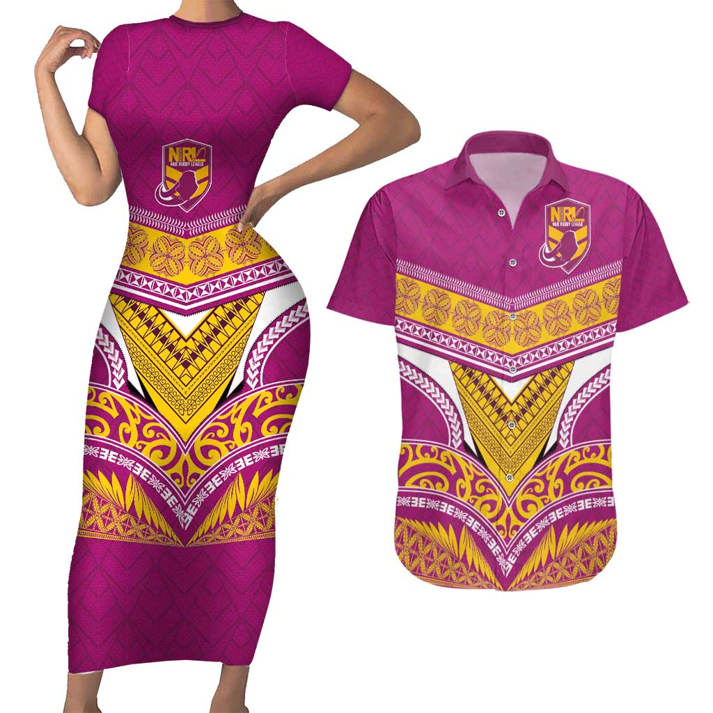 Custom Rugby Niue Couples Matching Short Sleeve Bodycon Dress and Hawaiian Shirt Hiapo Tribal Heritage Tattoos Pink Color - Polynesian Pride