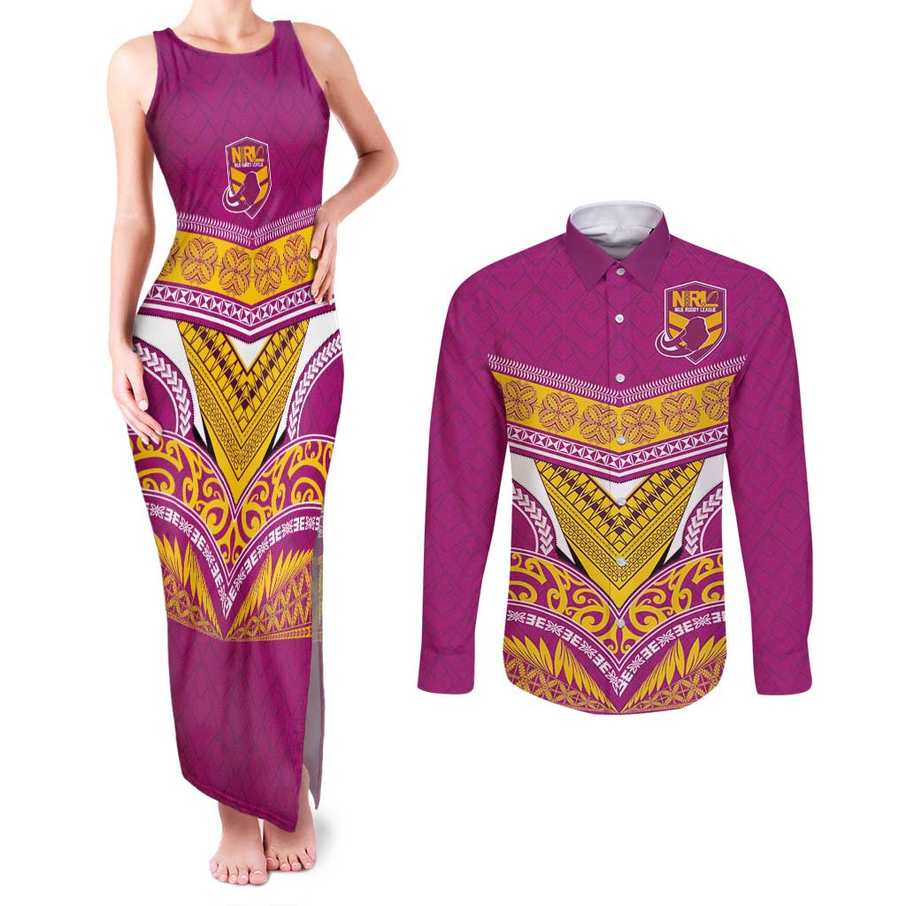 Custom Rugby Niue Couples Matching Tank Maxi Dress and Long Sleeve Button Shirt Hiapo Tribal Heritage Tattoos Pink Color - Polynesian Pride