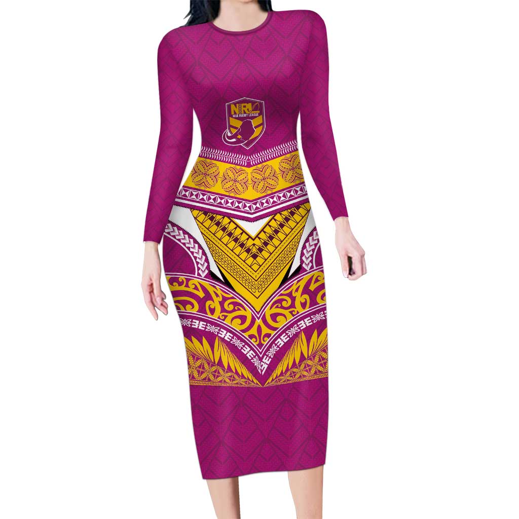 Custom Rugby Niue Long Sleeve Bodycon Dress Hiapo Tribal Heritage Tattoos Pink Color - Polynesian Pride